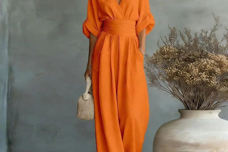 Sandy - Women's Wrap V Neck Wide Leg Jumpsuit - Orange