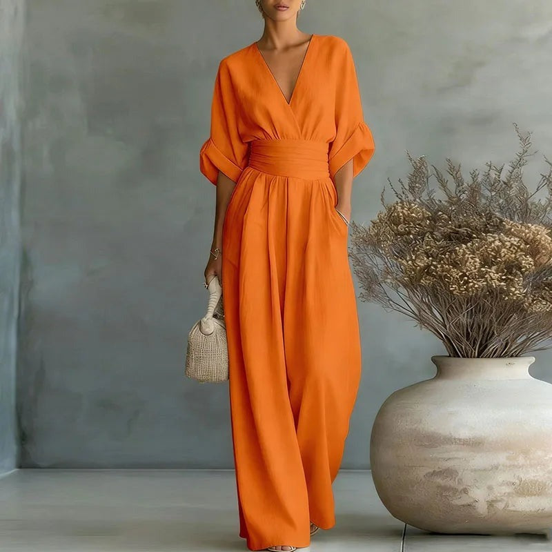 Sandy - Women's Wrap V Neck Wide Leg Jumpsuit - Orange