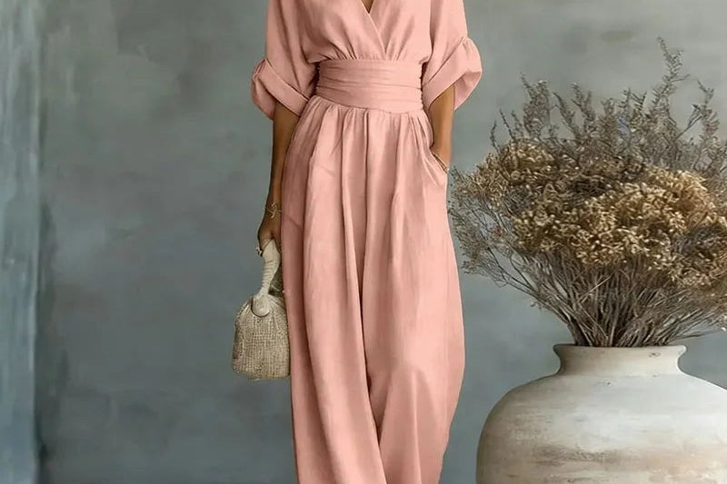 Sandy - Women's Wrap V Neck Wide Leg Jumpsuit - Pink