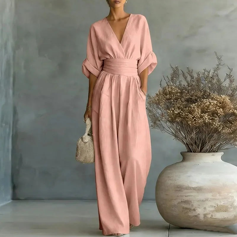 Sandy - Women's Wrap V Neck Wide Leg Jumpsuit - Pink
