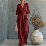 Sandy - Women's Wrap V Neck Wide Leg Jumpsuit - Burgundy