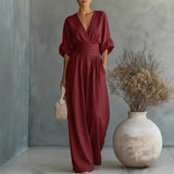Sandy - Women's Wrap V Neck Wide Leg Jumpsuit - Burgundy