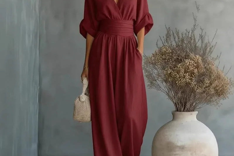 Sandy - Women's Wrap V Neck Wide Leg Jumpsuit - Burgundy