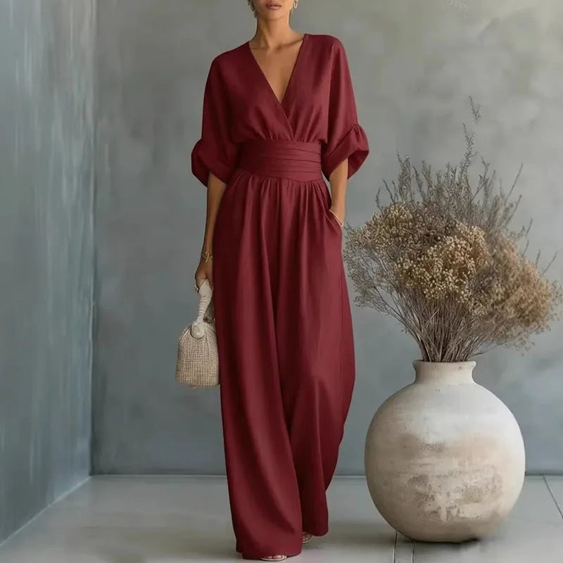 Sandy - Women's Wrap V Neck Wide Leg Jumpsuit - Burgundy