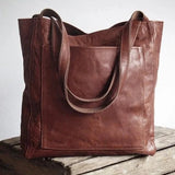 Sanne - Women's Leather Tote Bag with Front Pocket - Dark Brown