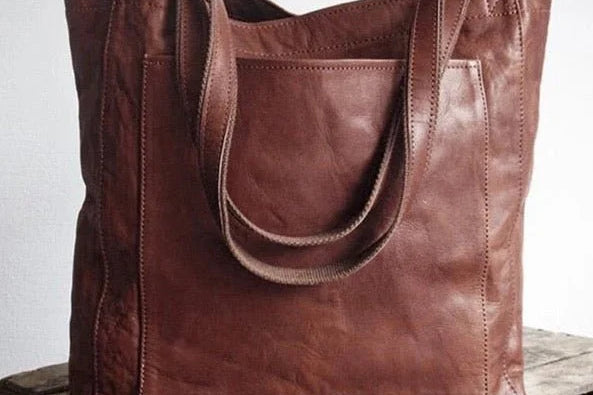 Sanne - Women's Leather Tote Bag with Front Pocket - Dark Brown