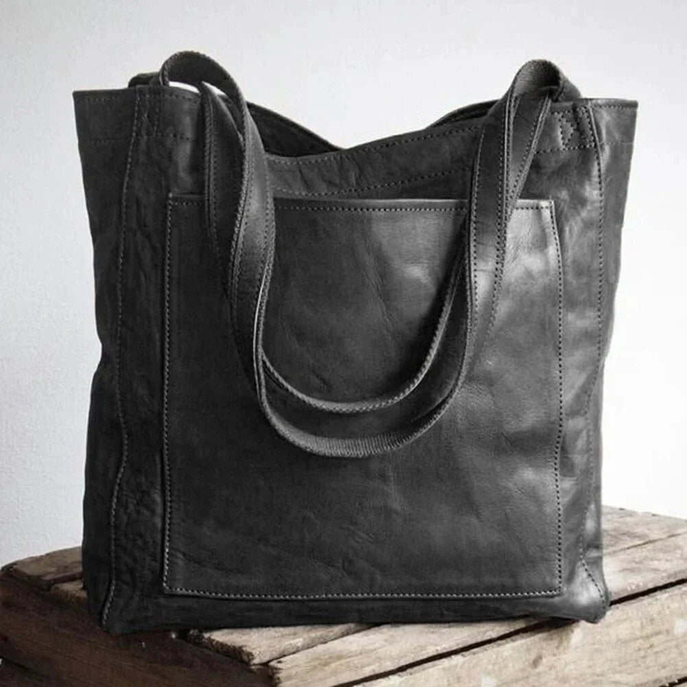 Sanne - Women's Leather Tote Bag with Front Pocket - Black