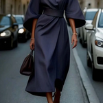 Seren - Women's Lantern Sleeve Midi Dress with Tie Belt - Blue