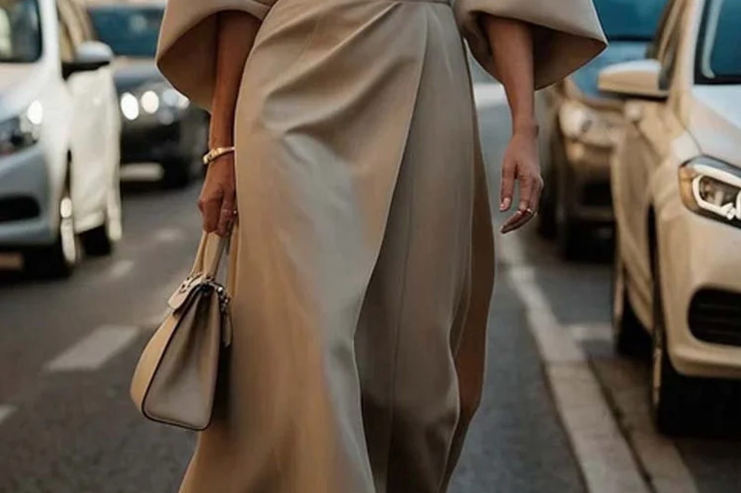 Seren - Women's Lantern Sleeve Midi Dress with Tie Belt - Beige