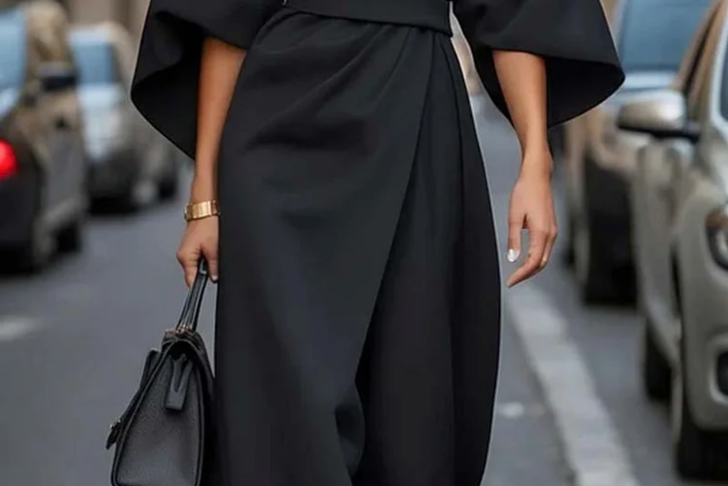 Seren - Women's Lantern Sleeve Midi Dress with Tie Belt - Black