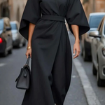 Seren - Women's Lantern Sleeve Midi Dress with Tie Belt - Black