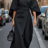 Seren - Women's Lantern Sleeve Midi Dress with Tie Belt - Black