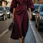 Seren - Women's Lantern Sleeve Midi Dress with Tie Belt - Burgundy