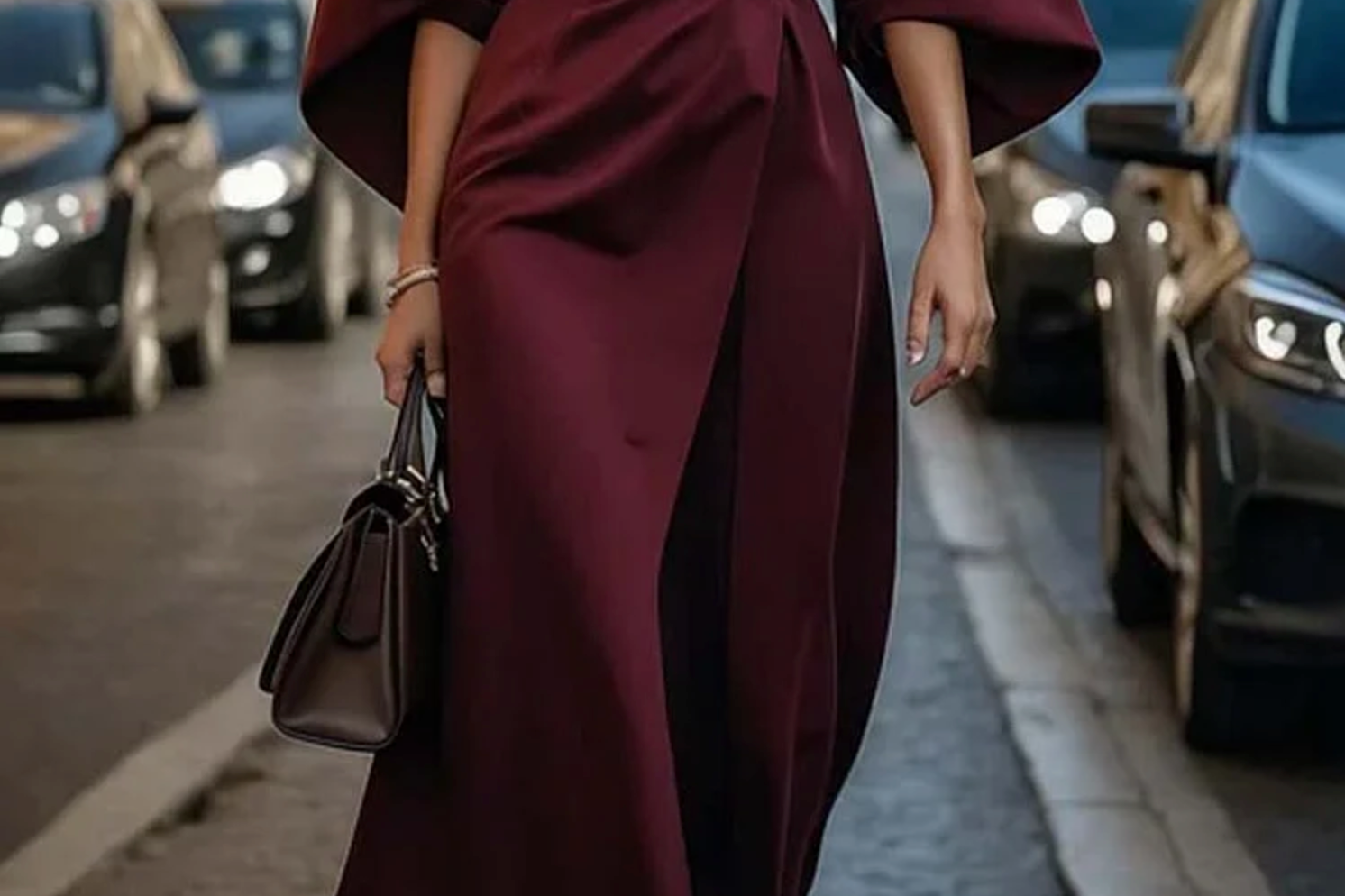 Seren - Women's Lantern Sleeve Midi Dress with Tie Belt - Burgundy