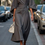 Seren - Women's Lantern Sleeve Midi Dress with Tie Belt - Gray