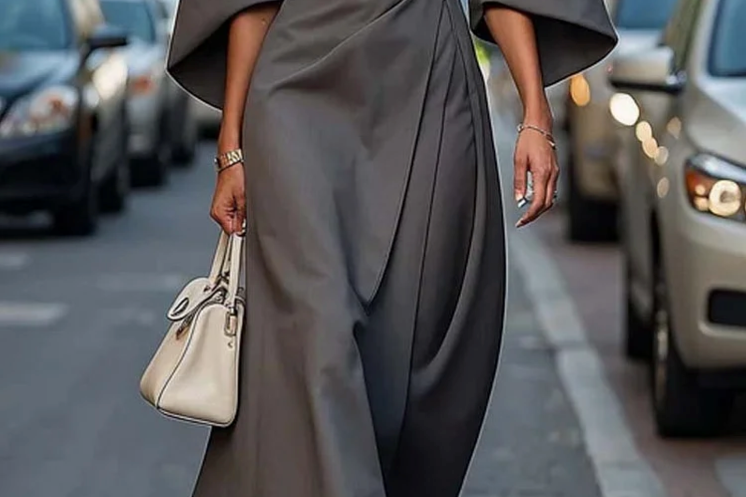 Seren - Women's Lantern Sleeve Midi Dress with Tie Belt - Gray