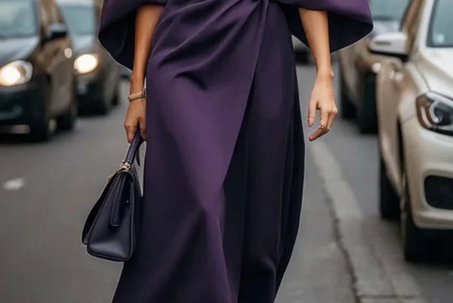 Seren - Women's Lantern Sleeve Midi Dress with Tie Belt - Purple