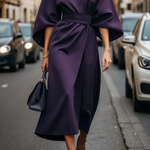 Seren - Women's Lantern Sleeve Midi Dress with Tie Belt - Purple