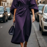 Seren - Women's Lantern Sleeve Midi Dress with Tie Belt - Purple