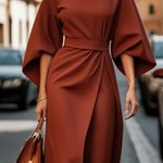 Seren - Women's Lantern Sleeve Midi Dress with Tie Belt - Brown
