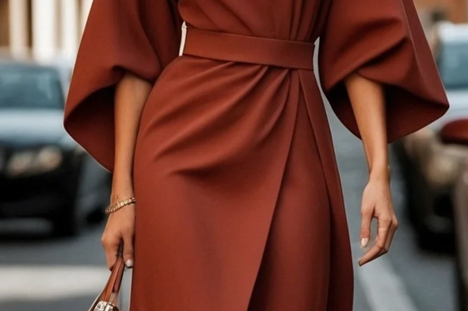 Seren - Women's Lantern Sleeve Midi Dress with Tie Belt - Brown