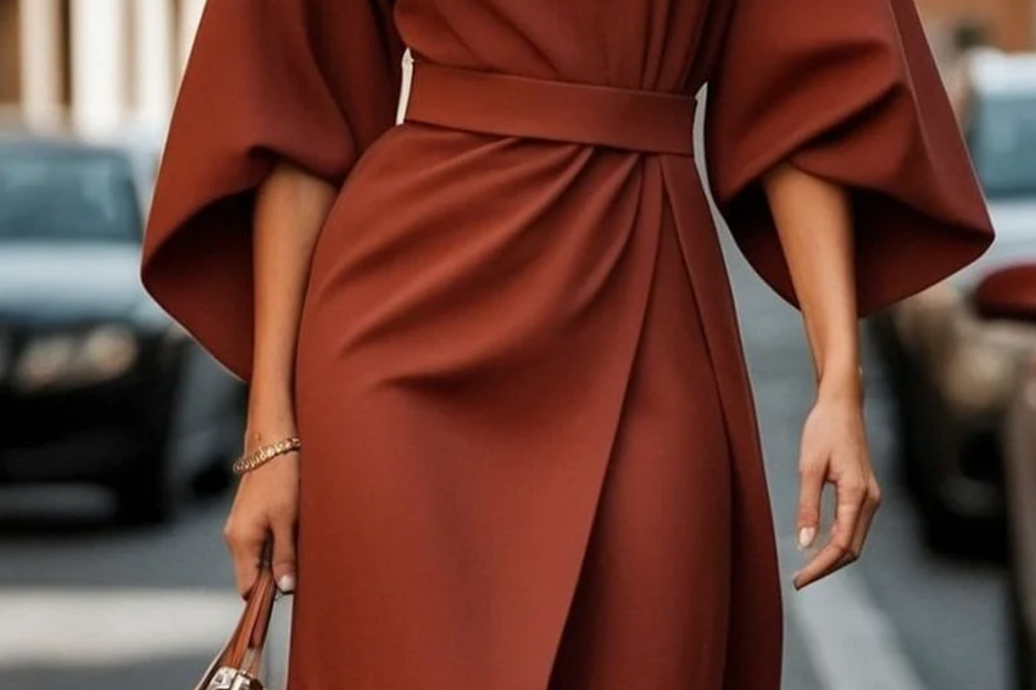 Seren - Women's Lantern Sleeve Midi Dress with Tie Belt - Brown