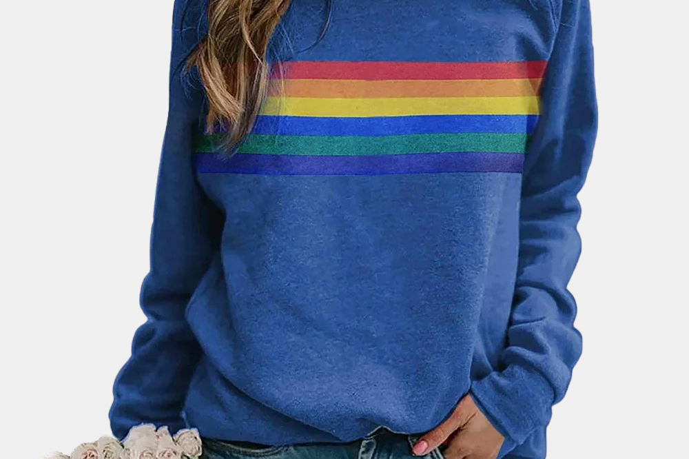 Shae - Women's Rainbow Stripe Crew Neck Sweatshirt - Blue