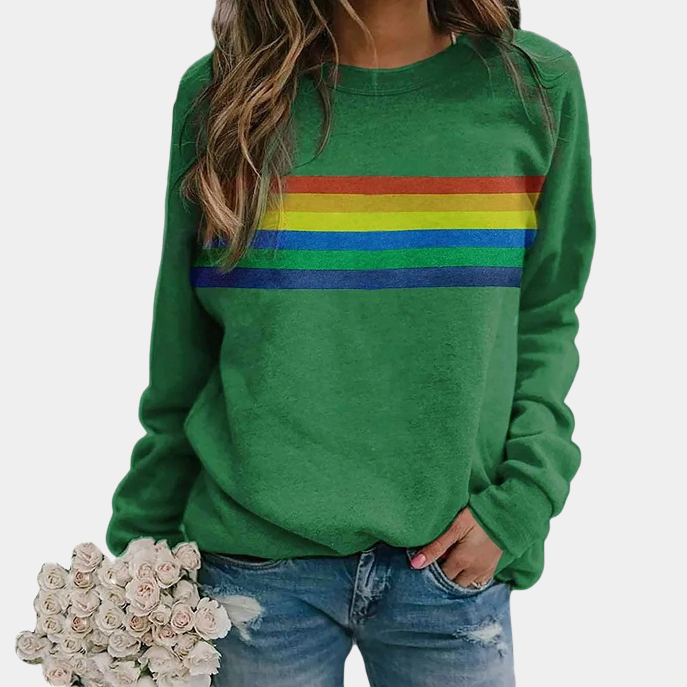 Shae - Women's Rainbow Stripe Crew Neck Sweatshirt - Green