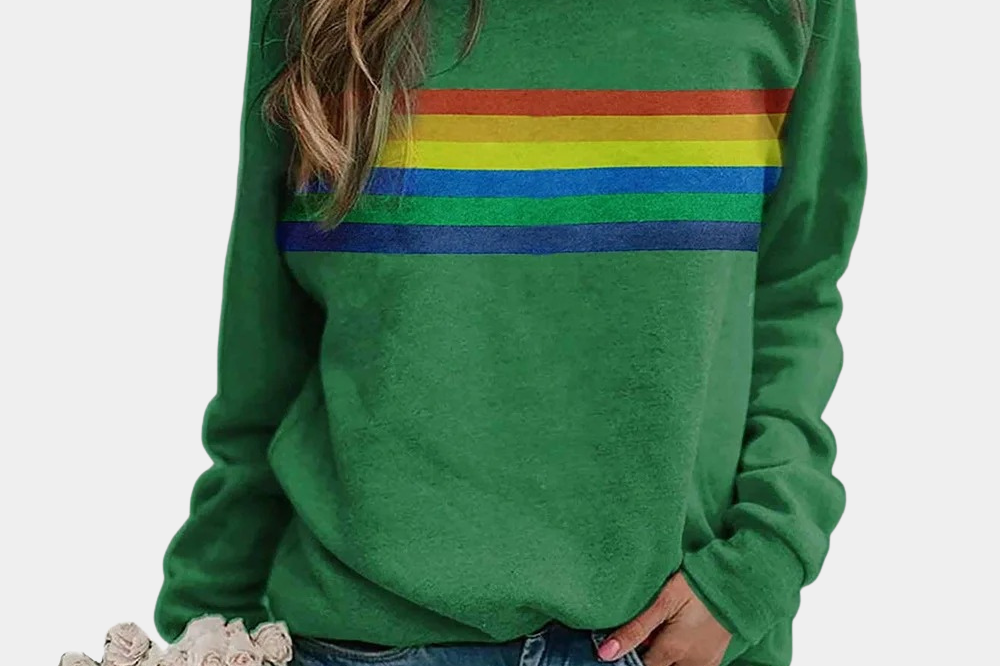 Shae - Women's Rainbow Stripe Crew Neck Sweatshirt - Green