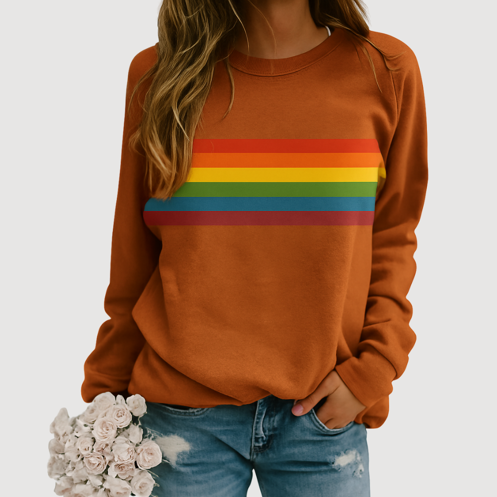 Shae - Women's Rainbow Stripe Crew Neck Sweatshirt - Rust