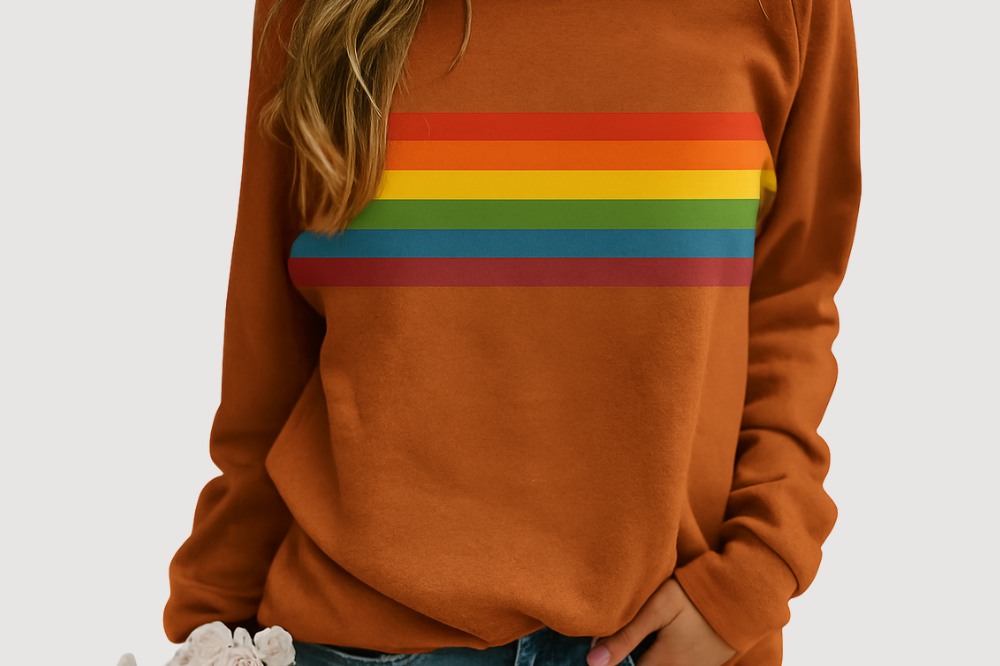 Shae - Women's Rainbow Stripe Crew Neck Sweatshirt - Rust