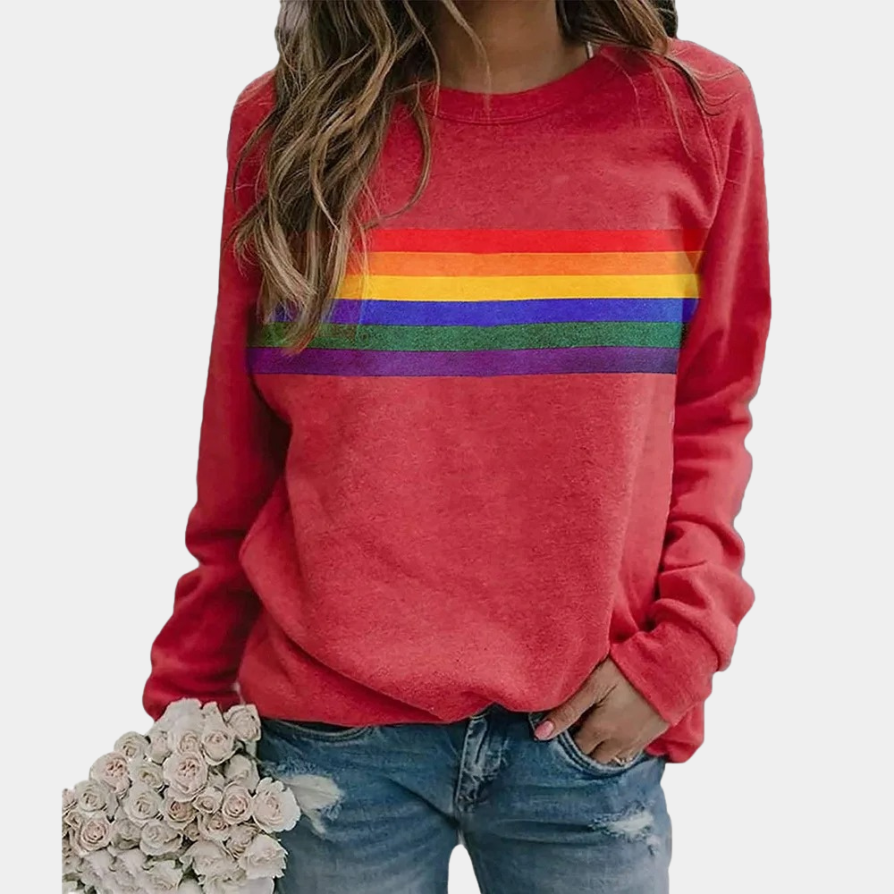 Shae - Women's Rainbow Stripe Crew Neck Sweatshirt - Red