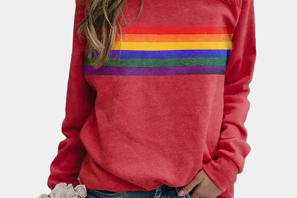 Shae - Women's Rainbow Stripe Crew Neck Sweatshirt - Red