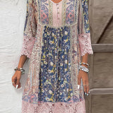 Sian - Women's Lace Midi Cocktail Dress with Soft Lining - Pink and Blue