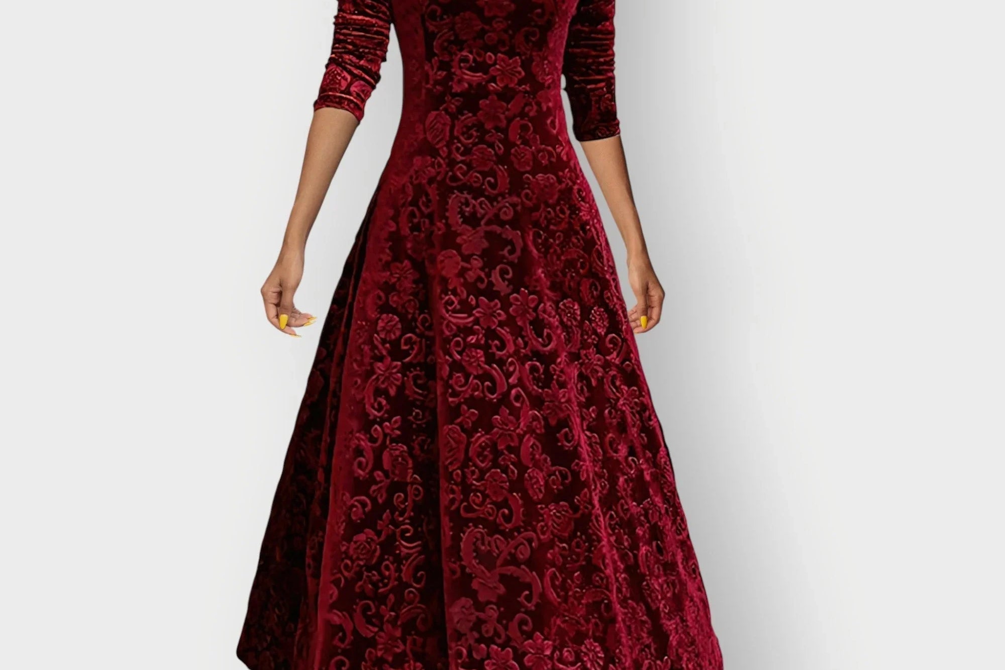 Signe - Women's Embossed Floral Velvet Midi Dress with V-Neck - Red