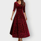 Signe - Women's Embossed Floral Velvet Midi Dress with V-Neck - Red