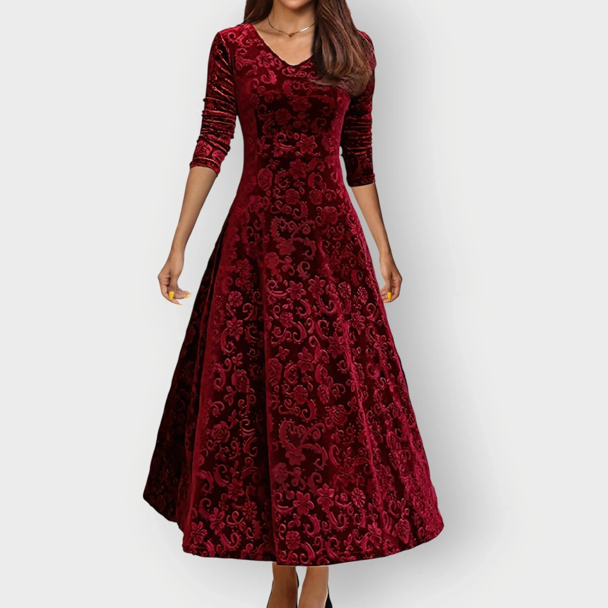 Signe - Women's Embossed Floral Velvet Midi Dress with V-Neck - Red