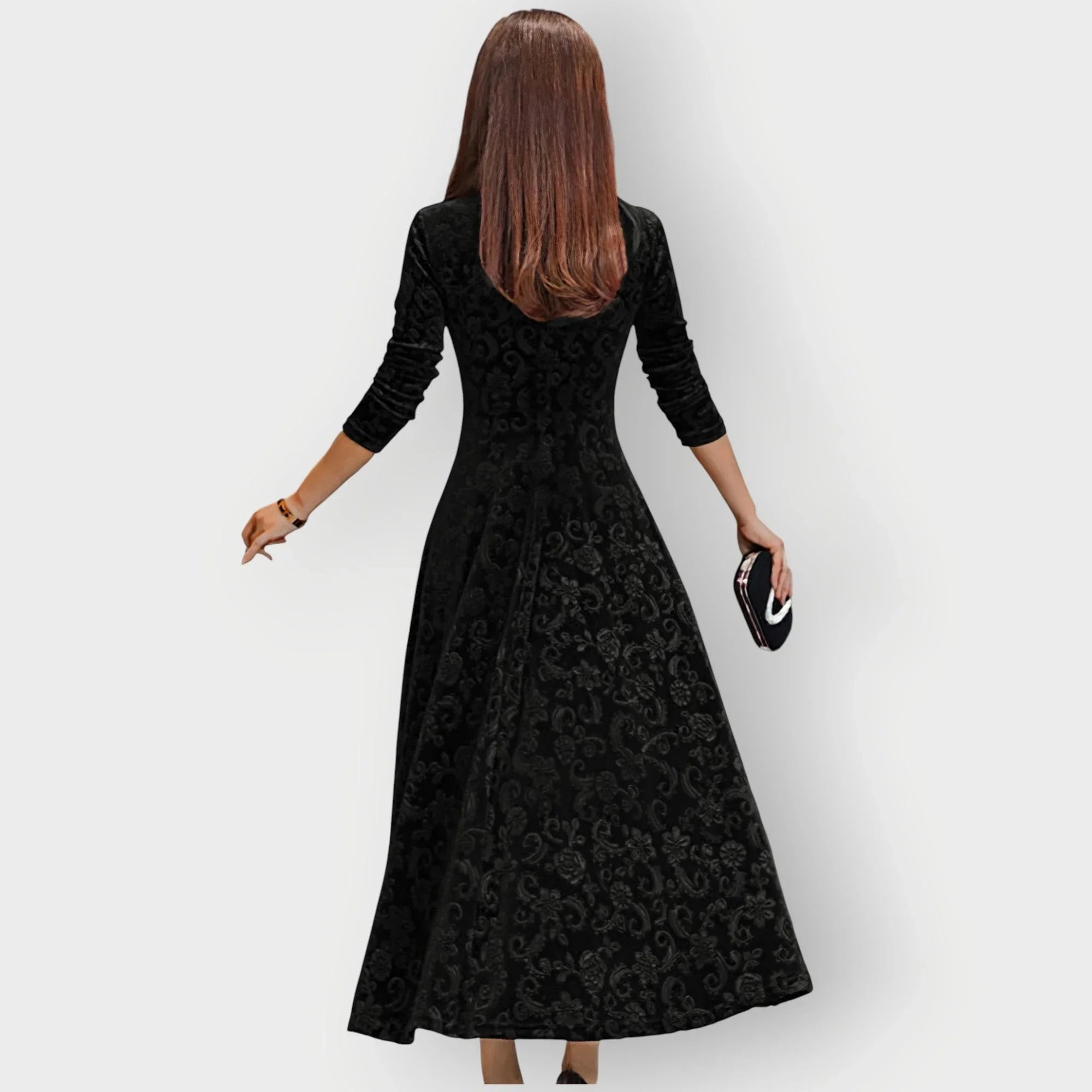 Signe - Women's Embossed Floral Velvet Midi Dress with V-Neck