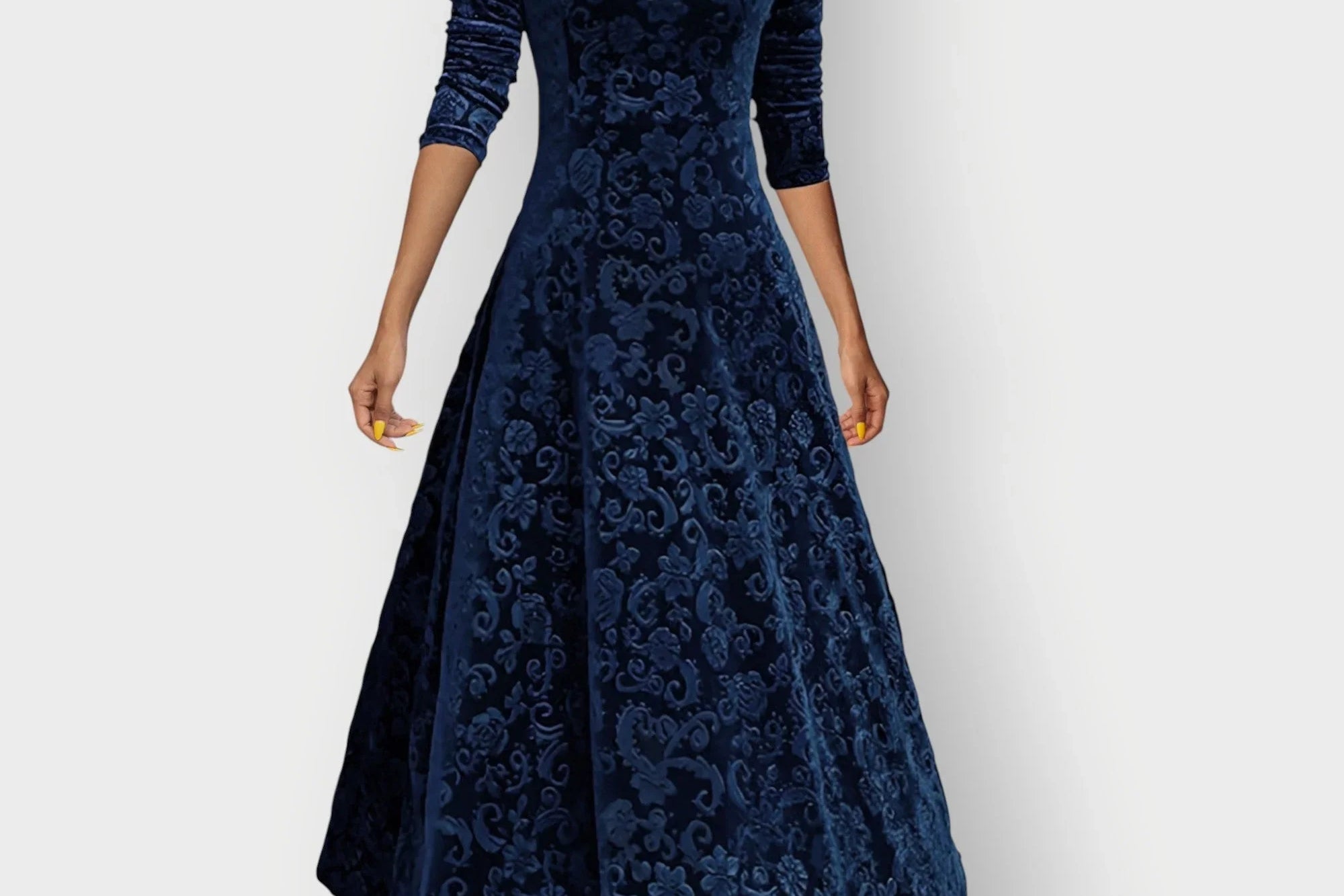 Signe - Women's Embossed Floral Velvet Midi Dress with V-Neck - Blue