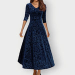 Signe - Women's Embossed Floral Velvet Midi Dress with V-Neck - Blue