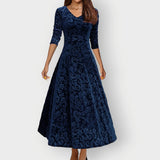 Signe - Women's Embossed Floral Velvet Midi Dress with V-Neck - Blue