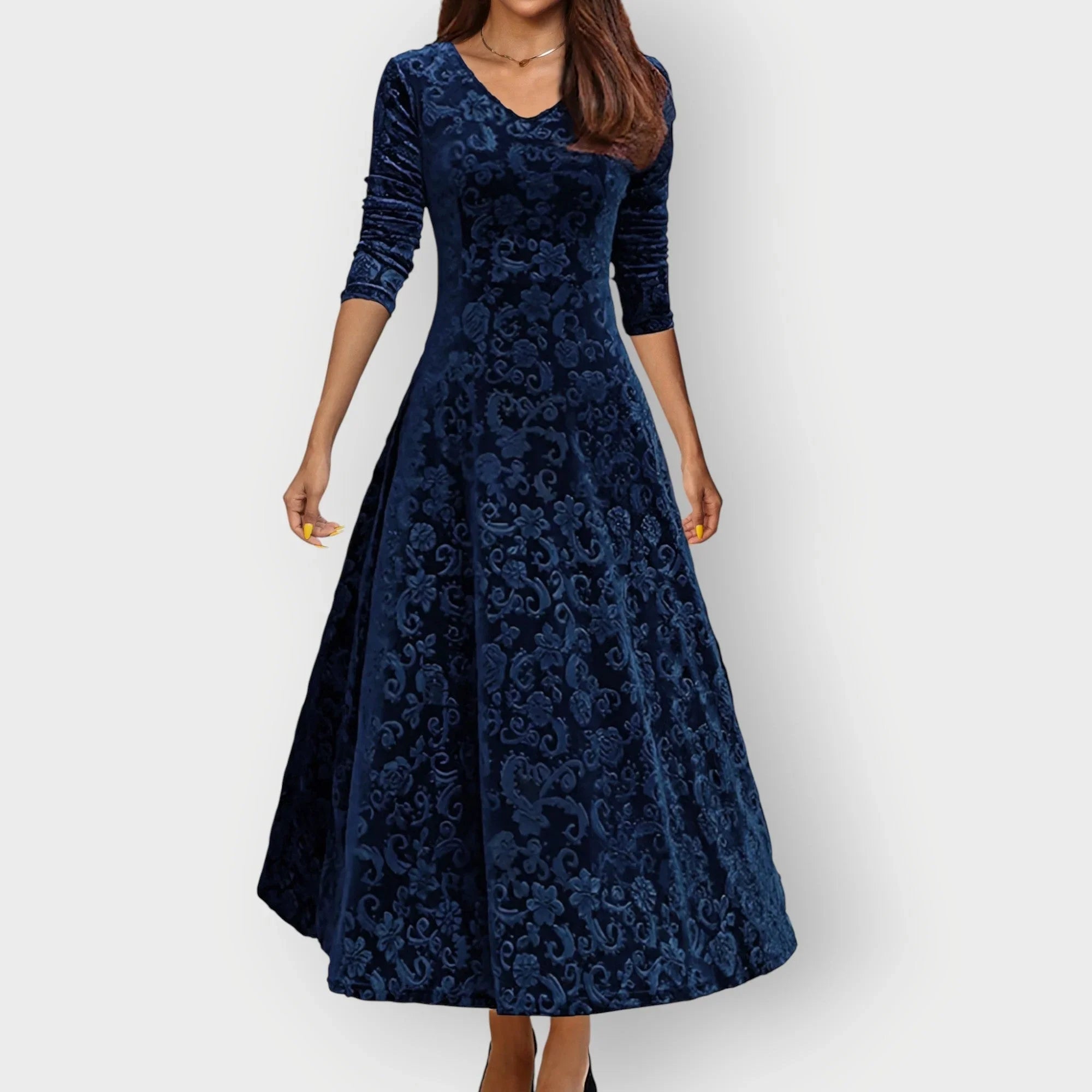 Signe - Women's Embossed Floral Velvet Midi Dress with V-Neck - Blue