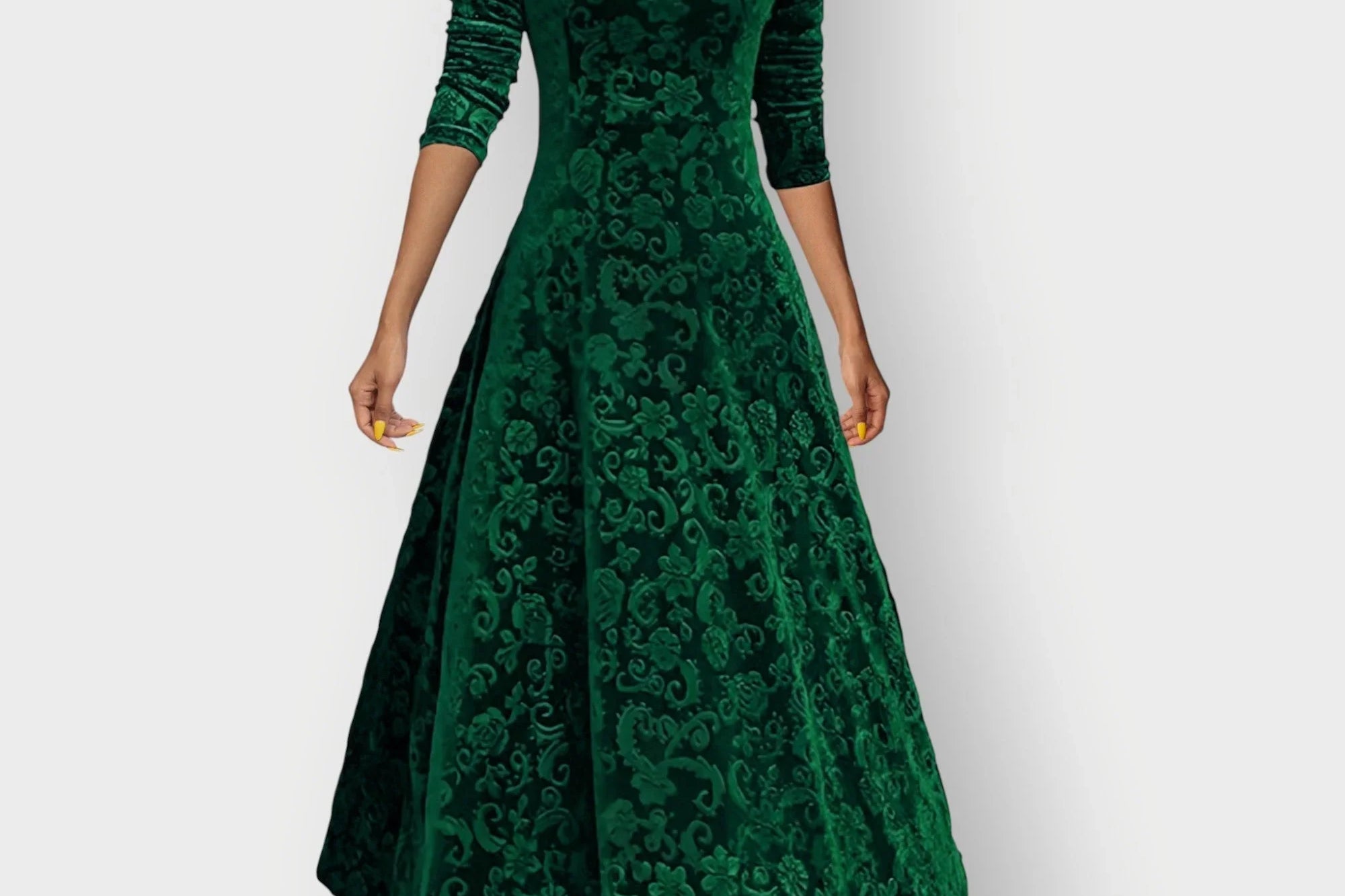 Signe - Women's Embossed Floral Velvet Midi Dress with V-Neck - Green