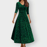 Signe - Women's Embossed Floral Velvet Midi Dress with V-Neck - Green