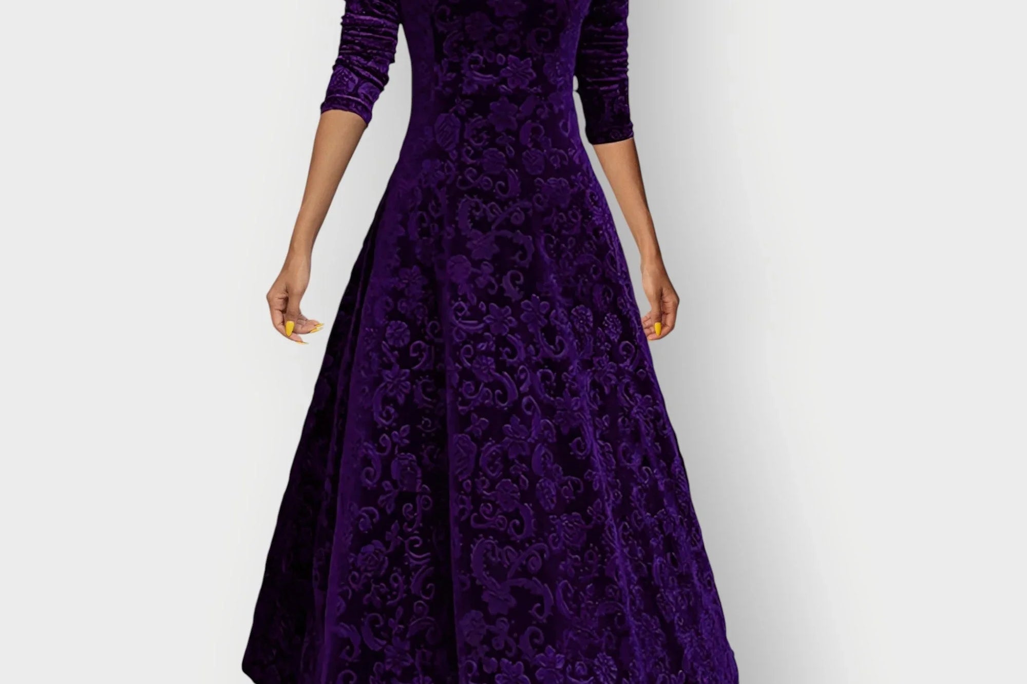 Signe - Women's Embossed Floral Velvet Midi Dress with V-Neck - Purple