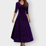 Signe - Women's Embossed Floral Velvet Midi Dress with V-Neck - Purple