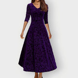 Signe - Women's Embossed Floral Velvet Midi Dress with V-Neck - Purple