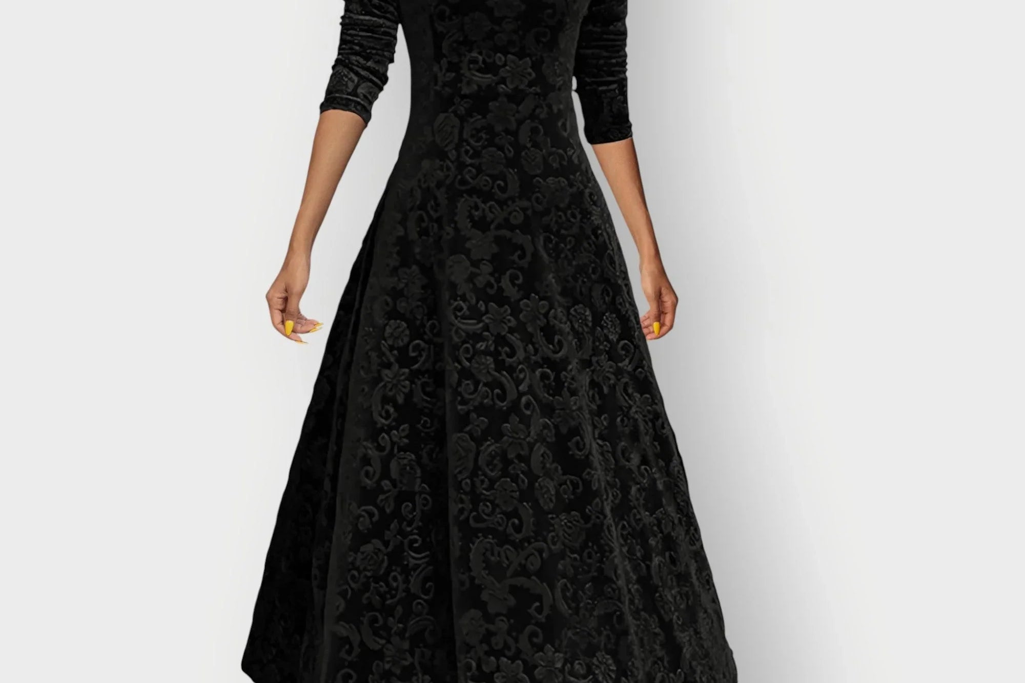 Signe - Women's Embossed Floral Velvet Midi Dress with V-Neck - Black