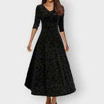 Signe - Women's Embossed Floral Velvet Midi Dress with V-Neck - Black