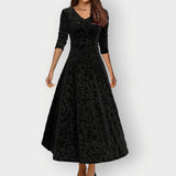 Signe - Women's Embossed Floral Velvet Midi Dress with V-Neck - Black